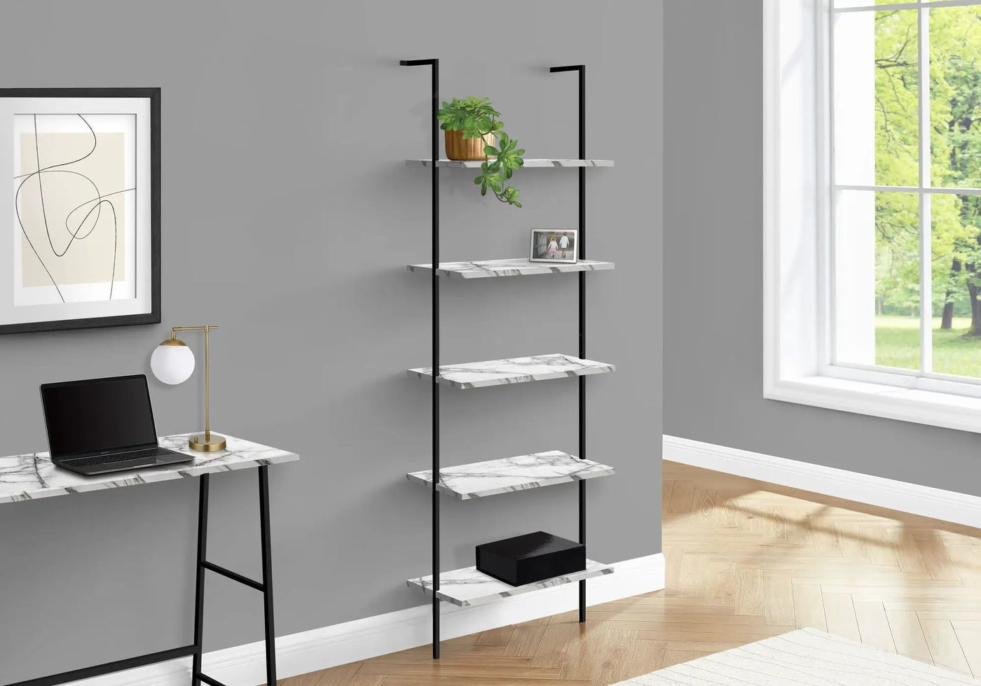 Bookshelf, Bookcase, Etagere, Ladder, 5 Tier, For Office, Marble Look Contemporary & Modern by Unique Piece Furniture
