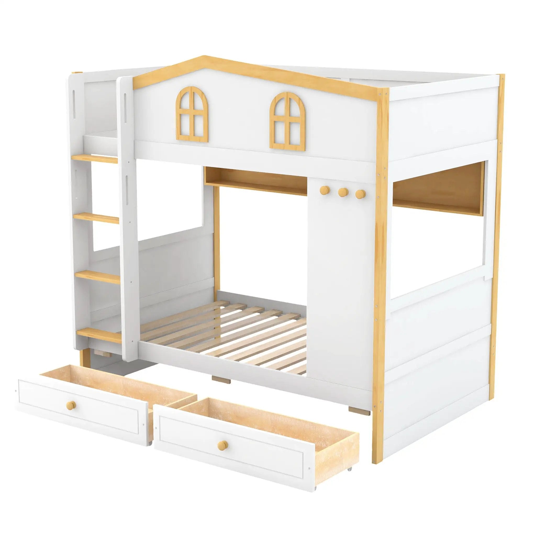 Twin Over Twin Bunk Bed With House Shaped Guardrails, Storage Shelves & Drawers - White / Natural by HouseOfZazla