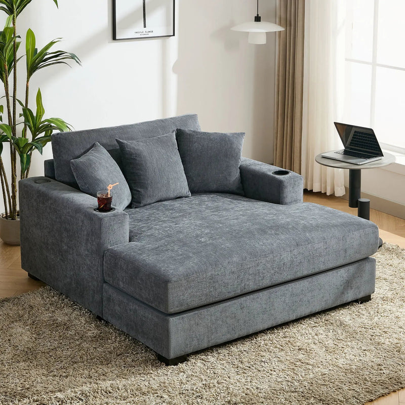 Oversized Chaise Lounger Modern Style Sofa Couch, With Pillows, Charge Station & Cup Holders by Unique Piece Furniture