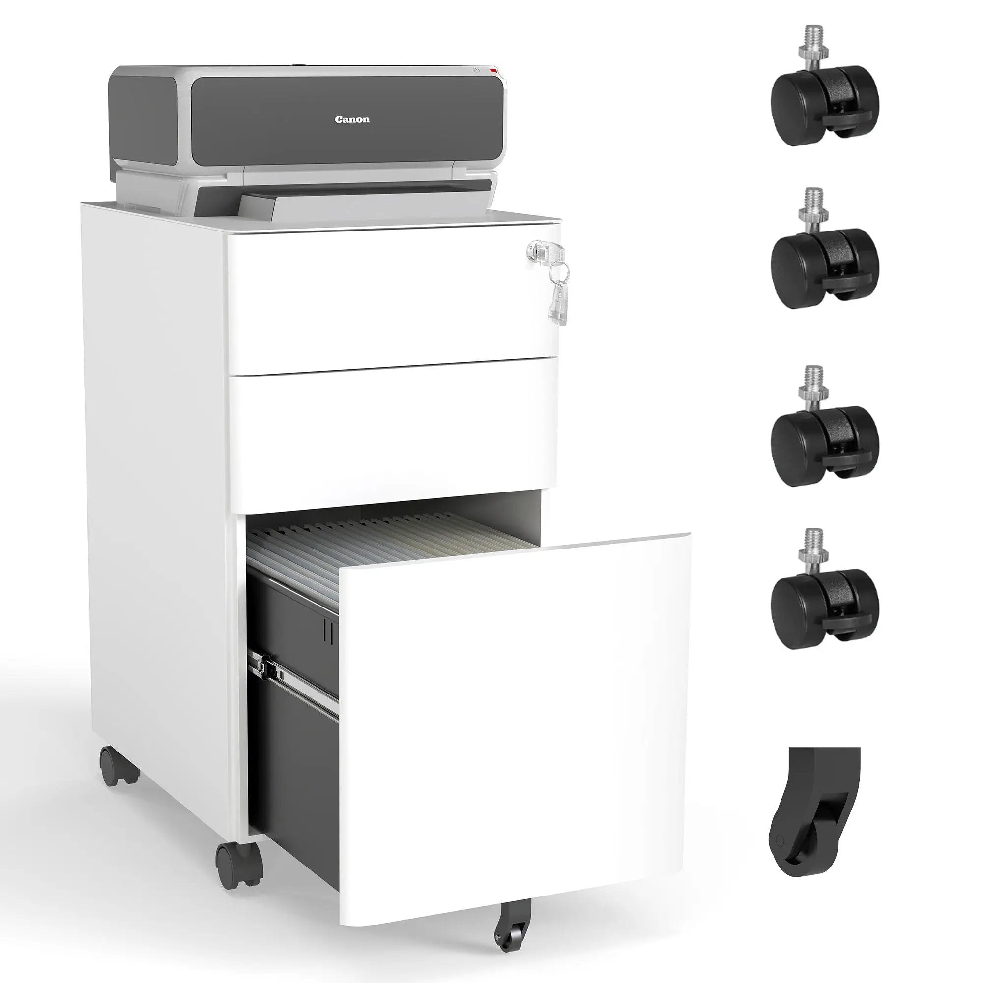 3-Drawer Mobile File Cabinet With Lock, On Wheels - White by HouseOfZazla