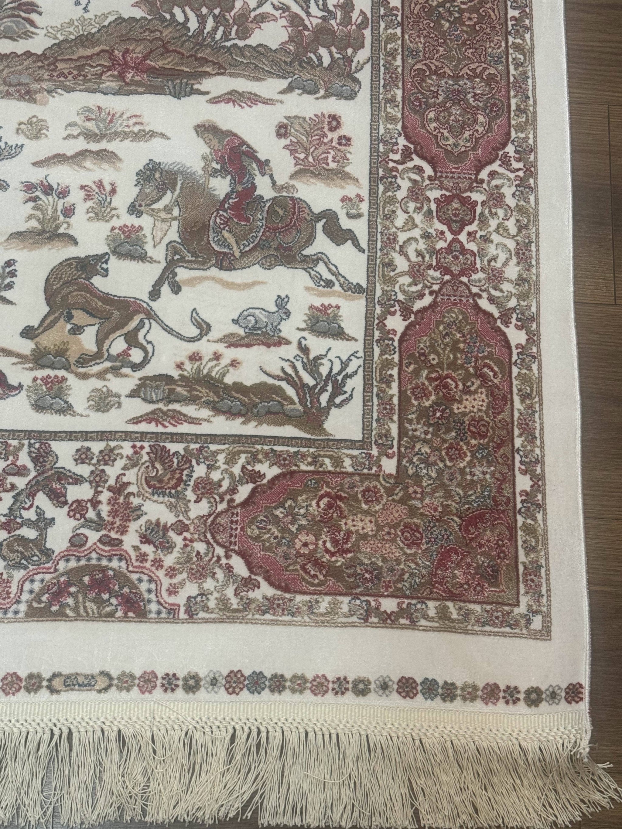 Long Turkish Silk Runner Rug 2.6 x 16.5, Hunting Design, Ivory, Bamboo Silk, New by Jewel Rugs