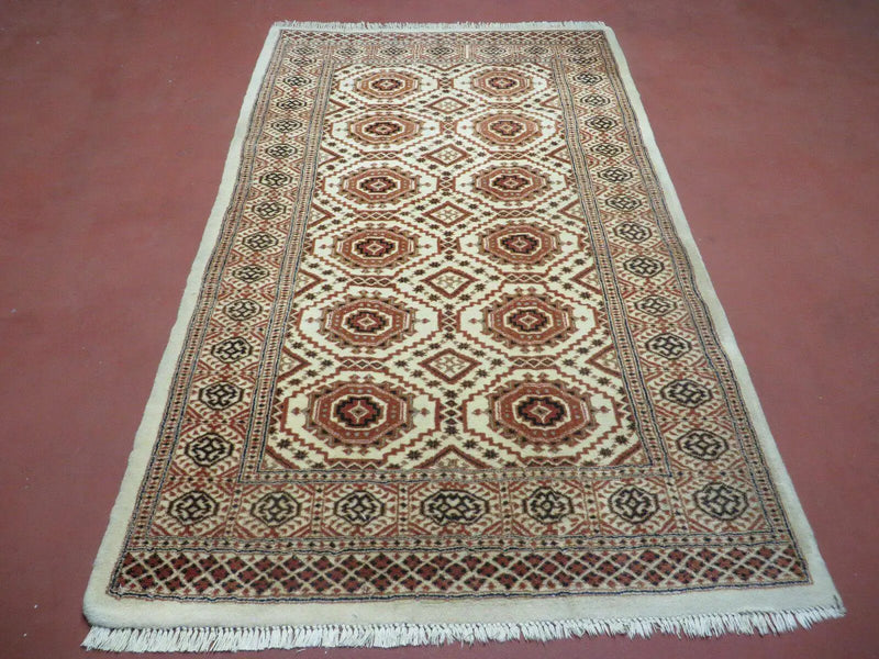 4' X 7' Vintage Handmade Pakistani Turkoman Bokhara Balouch Woven Wool Rug Ivory by Jewel Rugs
