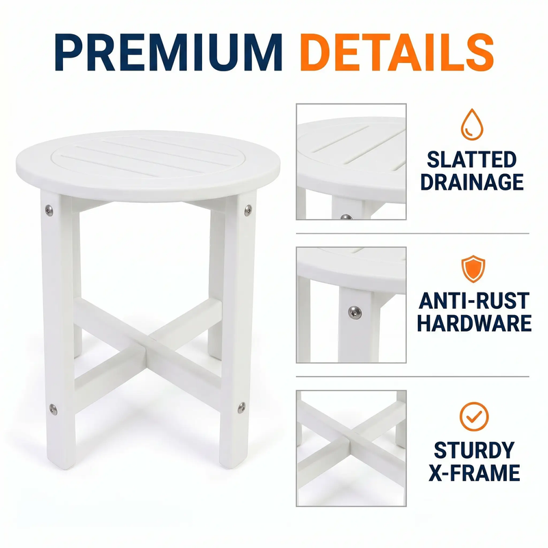 White HDPE Outdoor Side Table, 16 in. Round All-Weather Patio End Table by HouseOfZazla