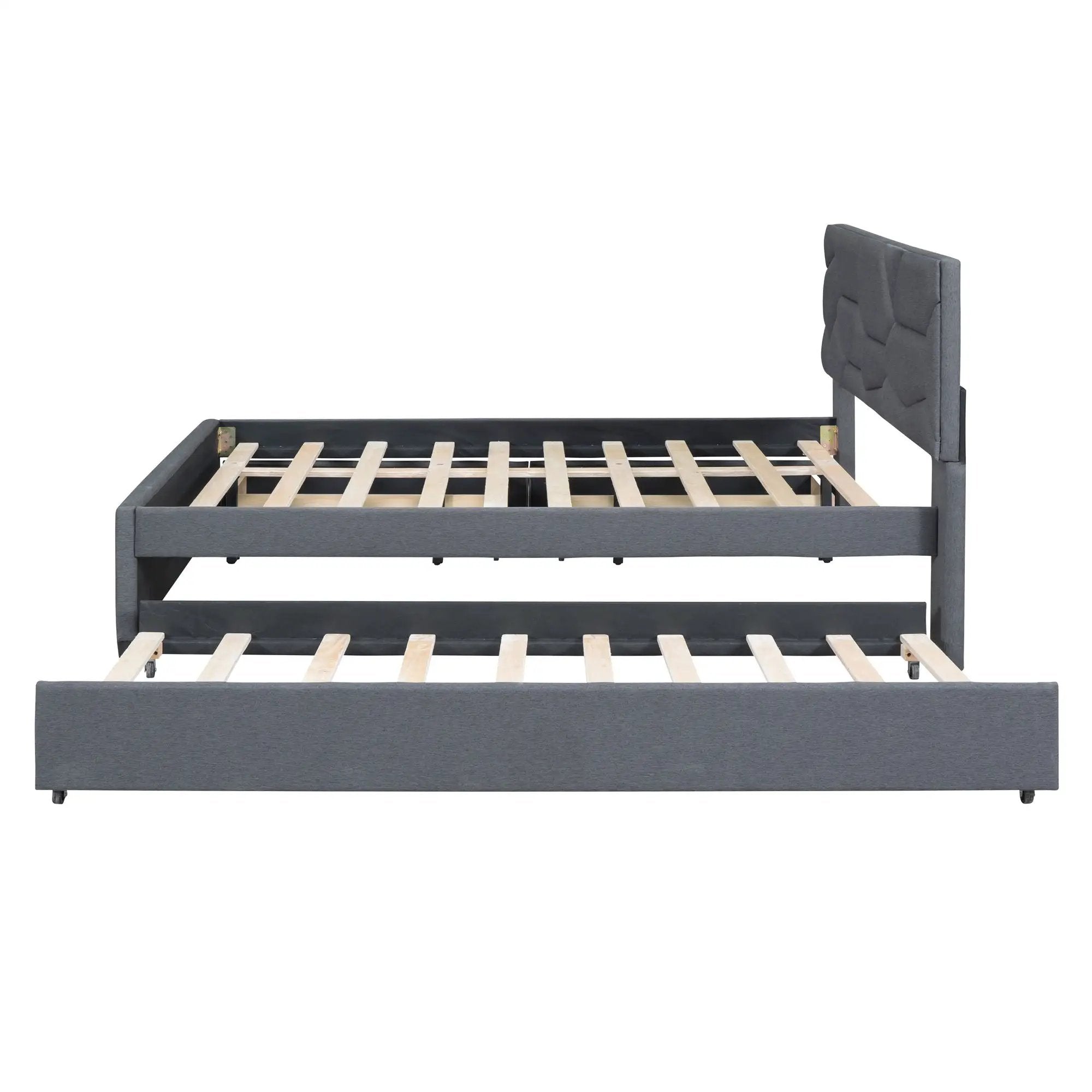 Upholstered Platform Bed With Brick Pattern Headboard And Twin Long Size Trundle by Unique Piece Furniture