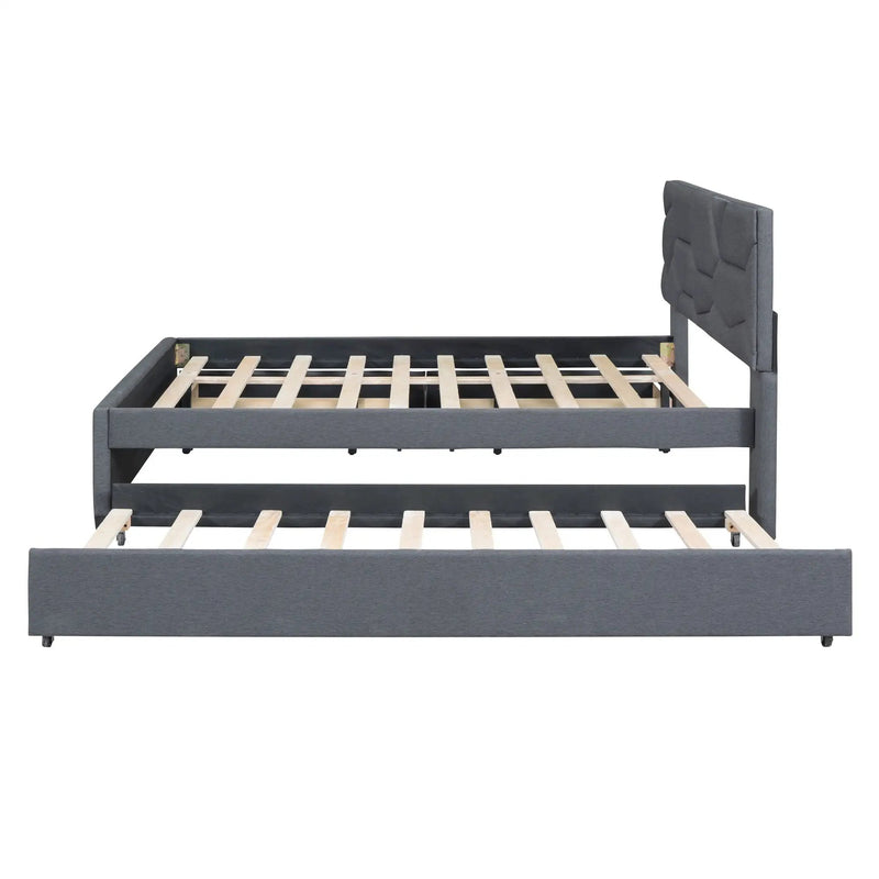 Upholstered Platform Bed With Brick Pattern Headboard And Twin Long Size Trundle by HouseOfZazla