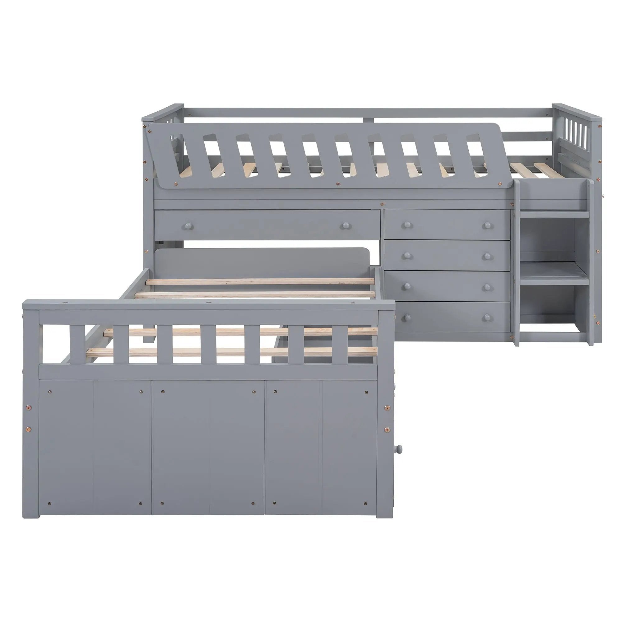 Loft Platform Bed With 7 Drawers And Full Guardrails, Modern L Shaped Space Savin