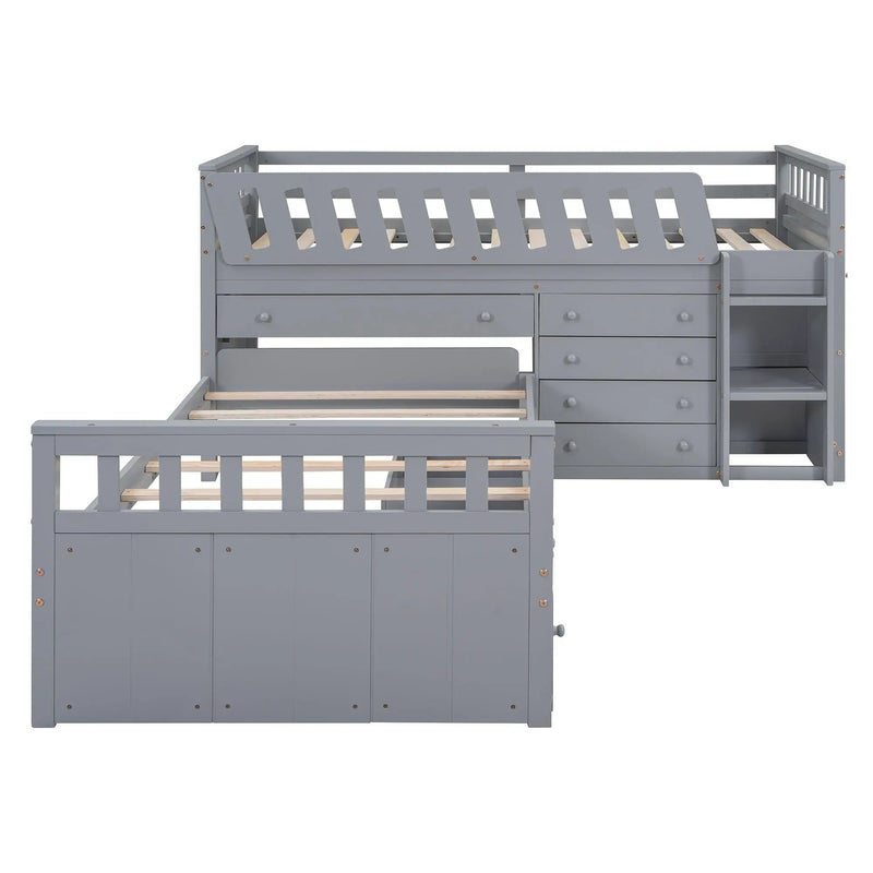 Loft Platform Bed With 7 Drawers And Full Guardrails, Modern L Shaped Space Savin