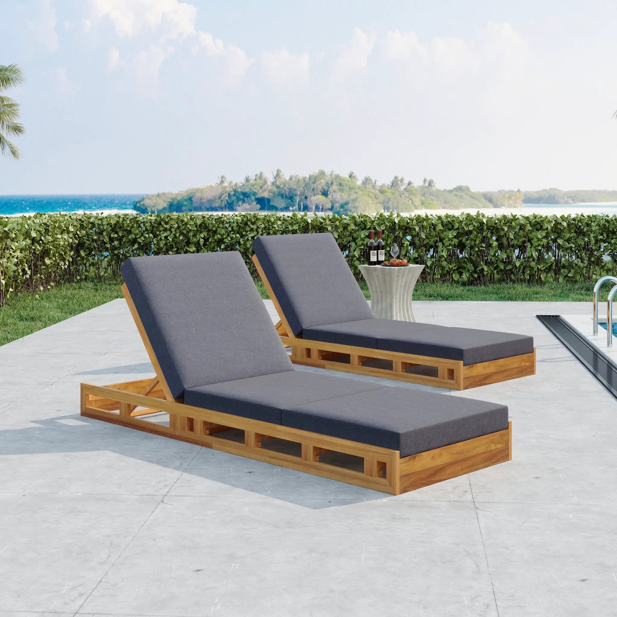 Lounge Chaise Set, Acacia Solid Wood with Lounge Cushion by HouseOfZazla