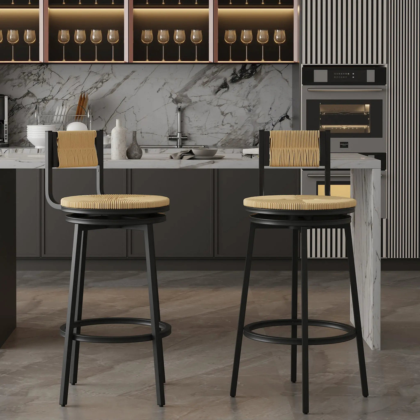 Bar Stools Swivel Counter Chairs With Metal Frame Hand Woven Paper Rope Dining Barstools For Kitchen Counter (Set of 2) by HouseOfZazla