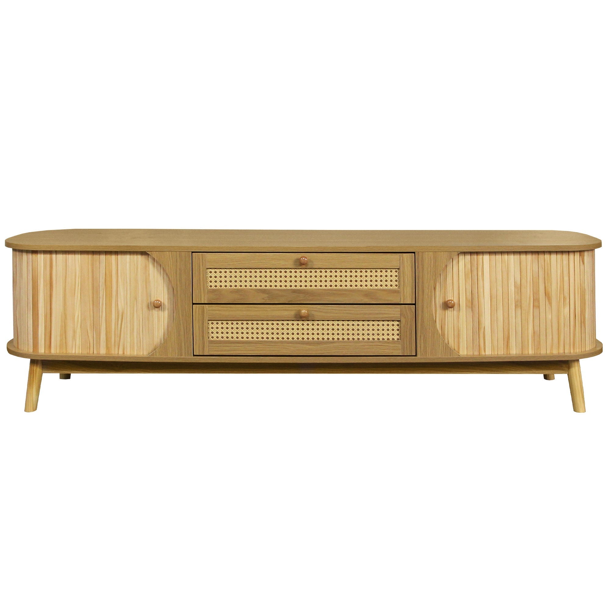 Rattan TV Stand For Tvs Up To 75'', Modern Farmhouse Media Console, Entertainment Center With Legs, TV Cabinet For Living Room, Home Theatre - Natural Wood by HouseOfZazla