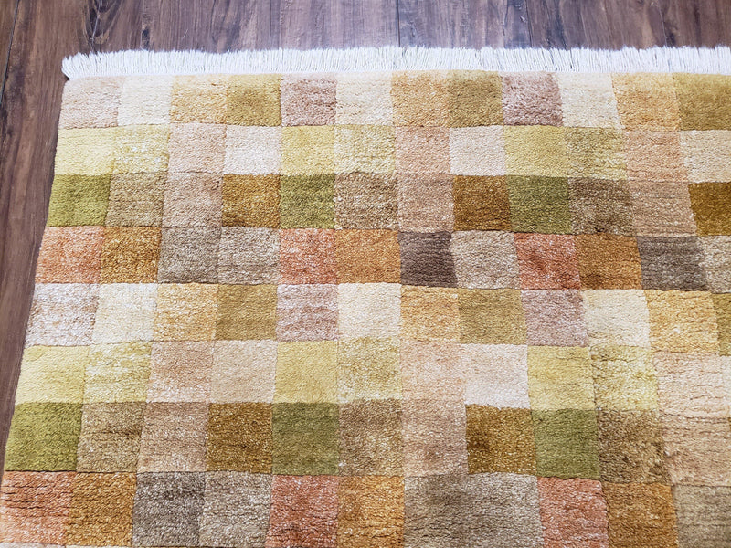 4x6 Tibetan Rug, Modern Abstract Handmade Area Rug, Checkerboard Pattern, Neutral Ivory Gold Tan Colors, Soft Pile, Mid Sized Rug, Nepali by Jewel Rugs