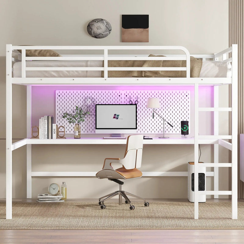 Metal Queen Size Loft Bed with Power Outlet and LED Lighted by HouseOfZazla