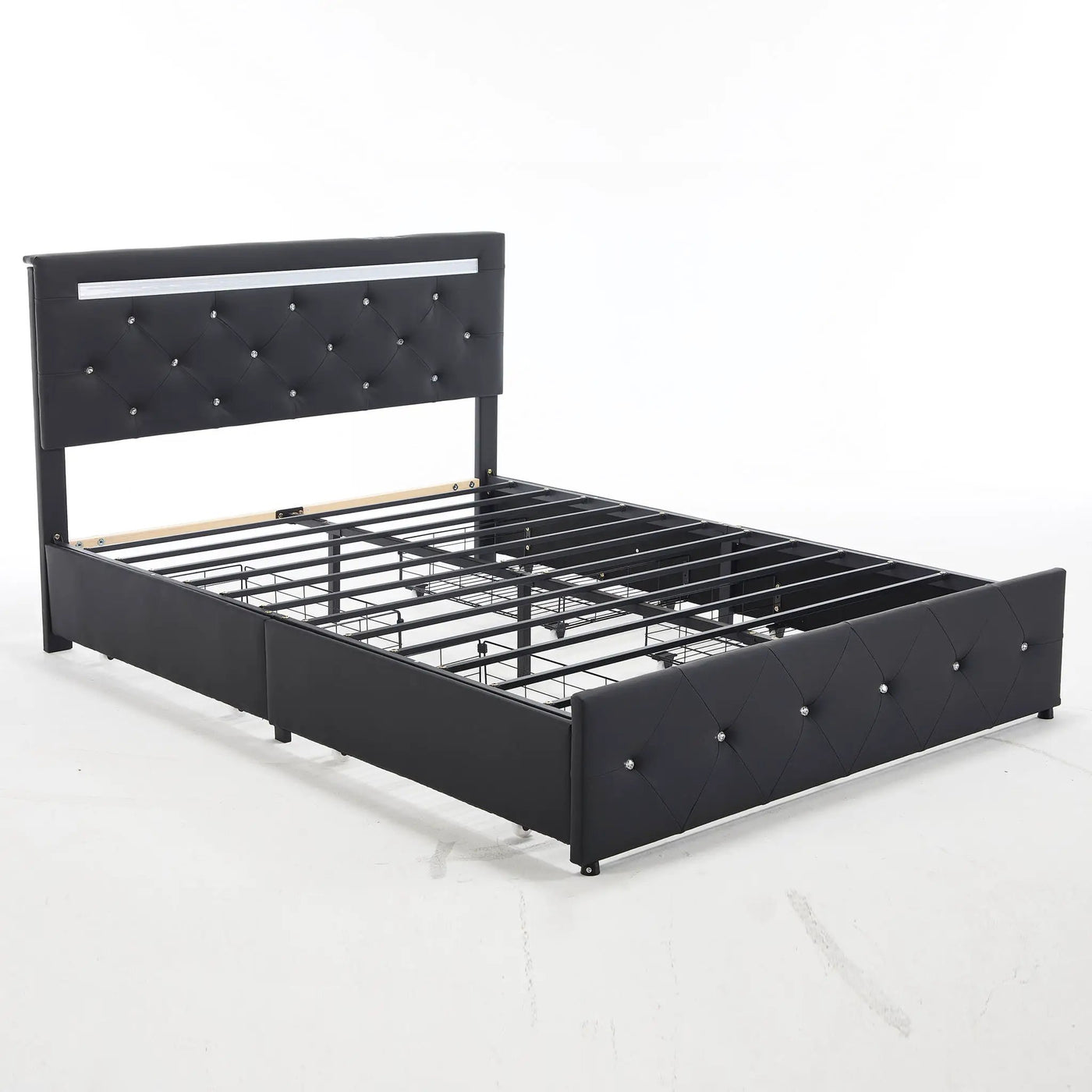 Upholstered Bed Frame With LED Lights, 4 Storage Drawers, Charging Station by HouseOfZazla