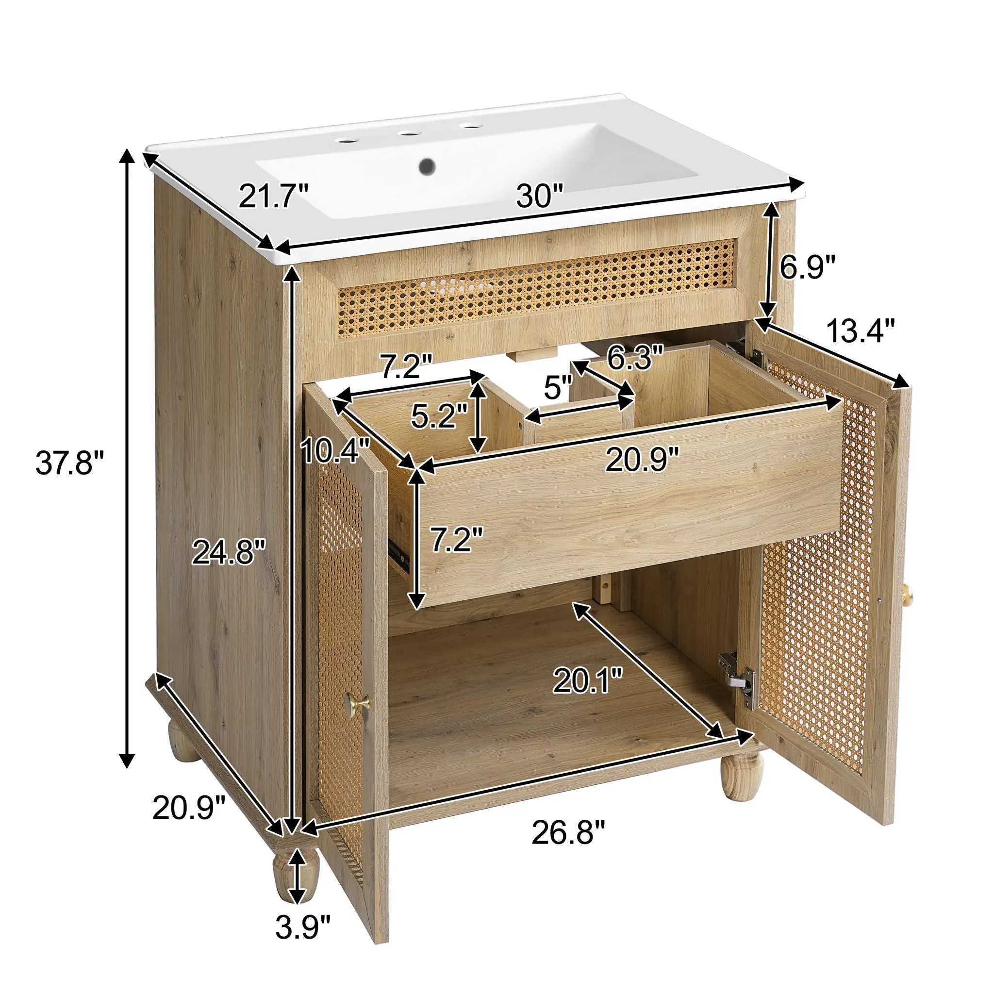 Bathroom Vanity With Handwoven Rattan Doors, Resin Basin - Natural Wood by HouseOfZazla