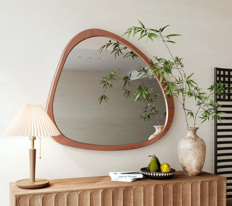 Asymmetrical Wall Mirror Wooden Framed Mirror Large Sized Dressing Mirror, For Living Room, Bedroom, Bathroom, Hallway Or Entry Way - Natural Wood by HouseOfZazla