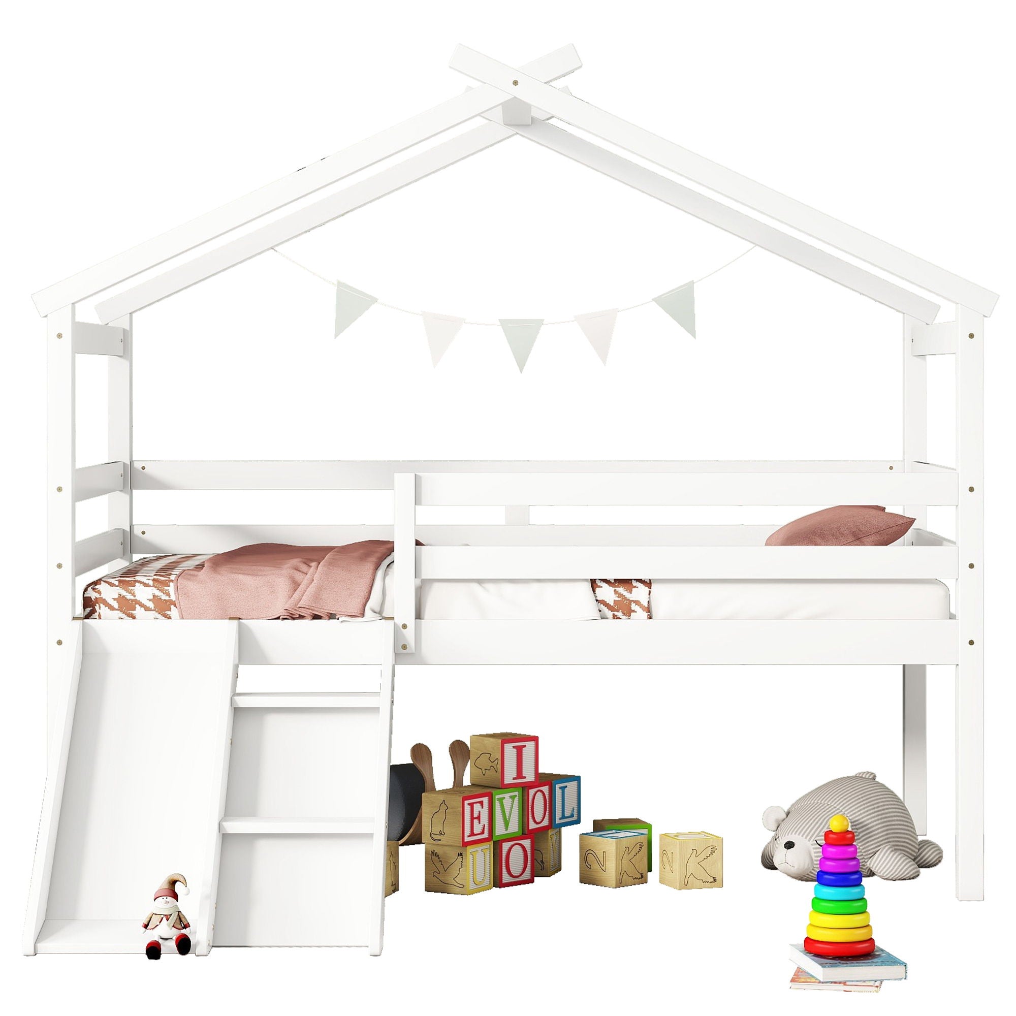 Low Loft House Bed With Slide, Ladder, Safety Guardrails, House Roof Frame by HouseOfZazla