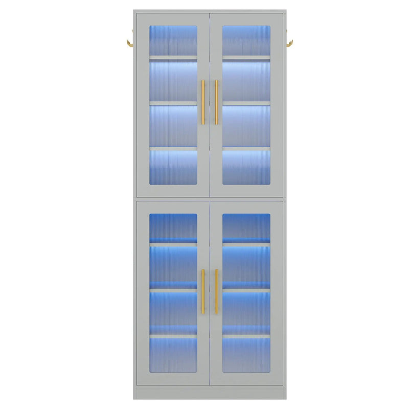 Bookcase With Doors And LED Lighting, 8 Adjustable Shelves Storage Cabinet