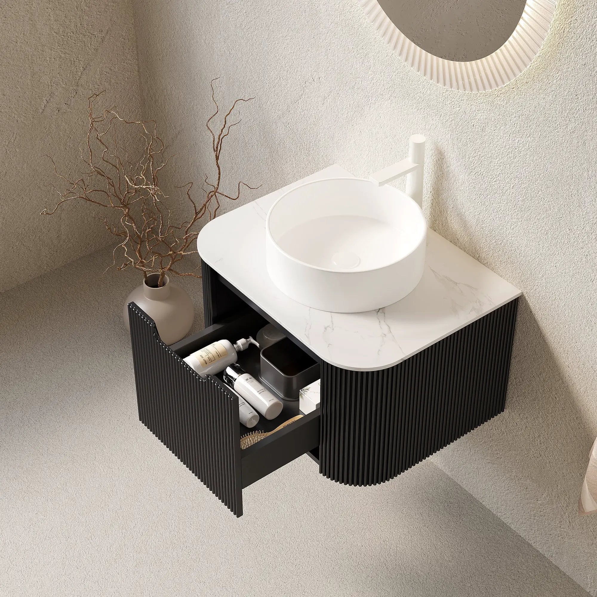 DINA 24" Bathroom Vanity & Sink with Floating Curved Edges Striped Storage Cabinet by HouseOfZazla