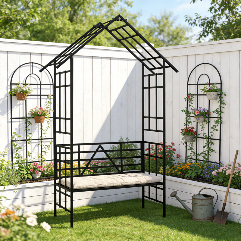Metal Garden Arch with Bench Turned into Flower Stand by HouseOfZazla