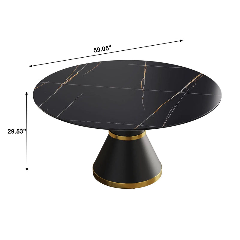 59.05" Modern Artificial Stone Round Black Carbon Steel Base Dining Table, Can Accommodate 6 People - Black by HouseOfZazla