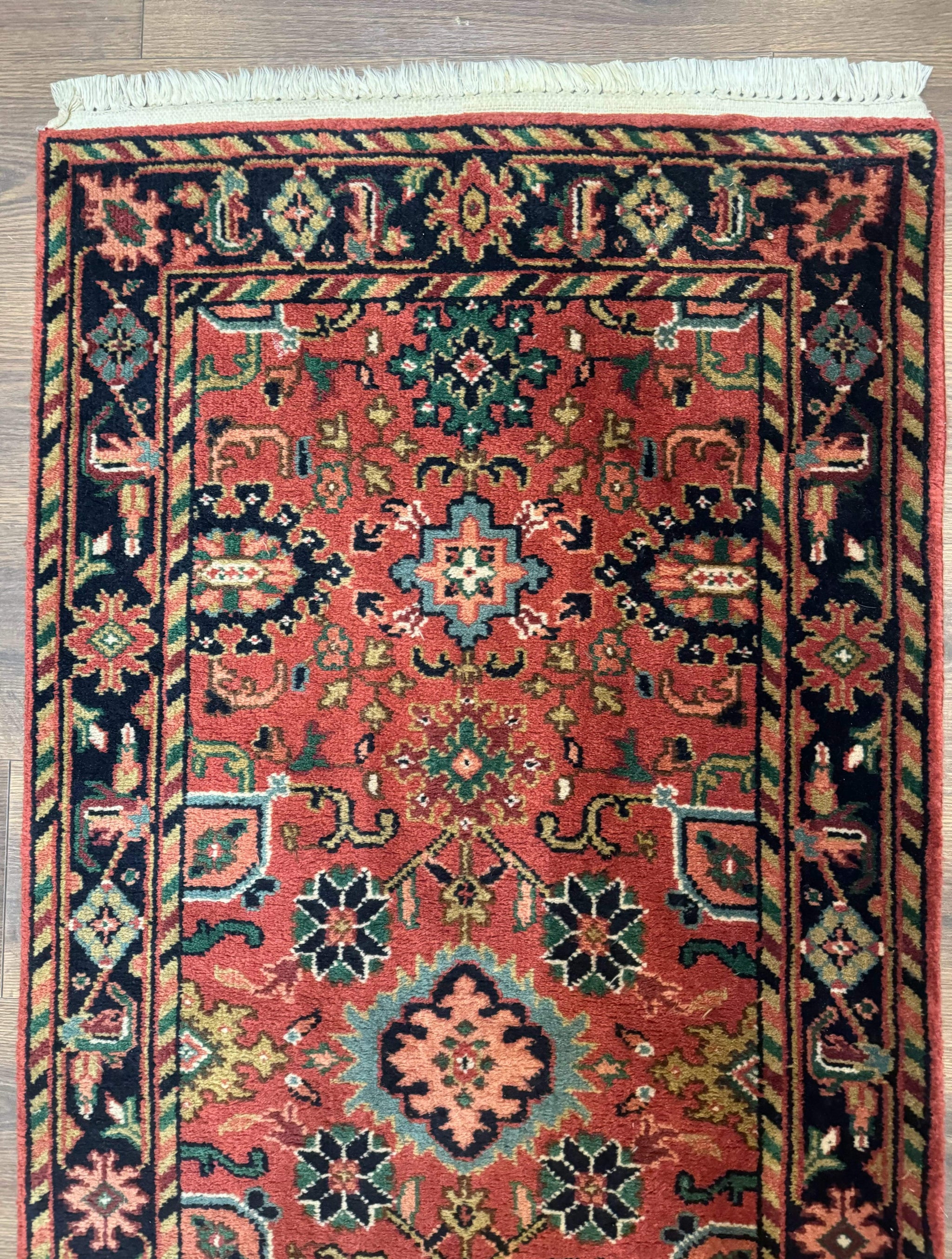 Indo Persian Heriz Runner Rug 2 x 12 ft, Hand Knotted Wool Hallway Rug, Red & Black by Jewel Rugs