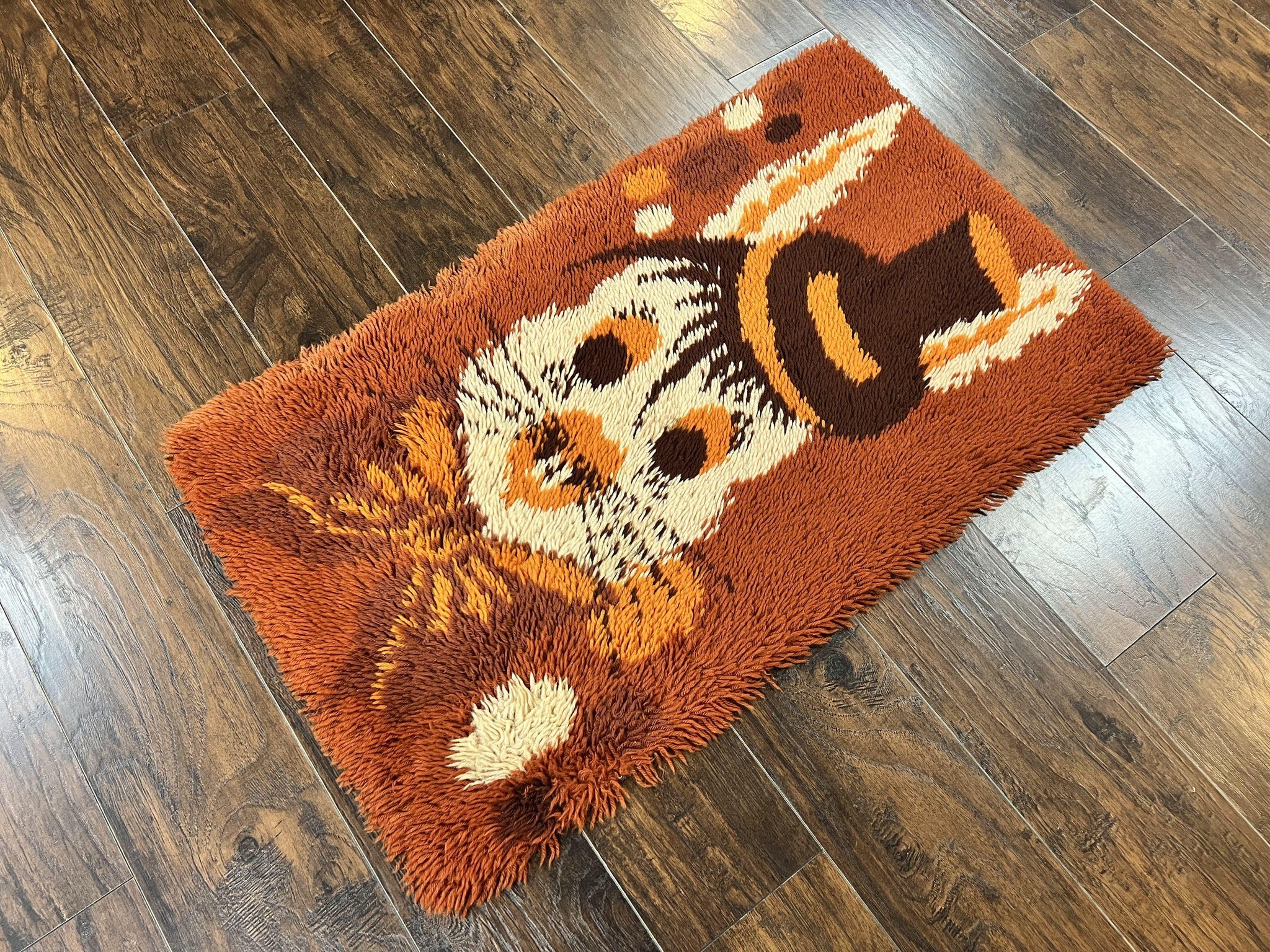 Rya Shag Rug 2x4, Rabbit in Top Hat, Wool, Orange, Vintage 1960s Danish Shag Rug by Jewel Rugs