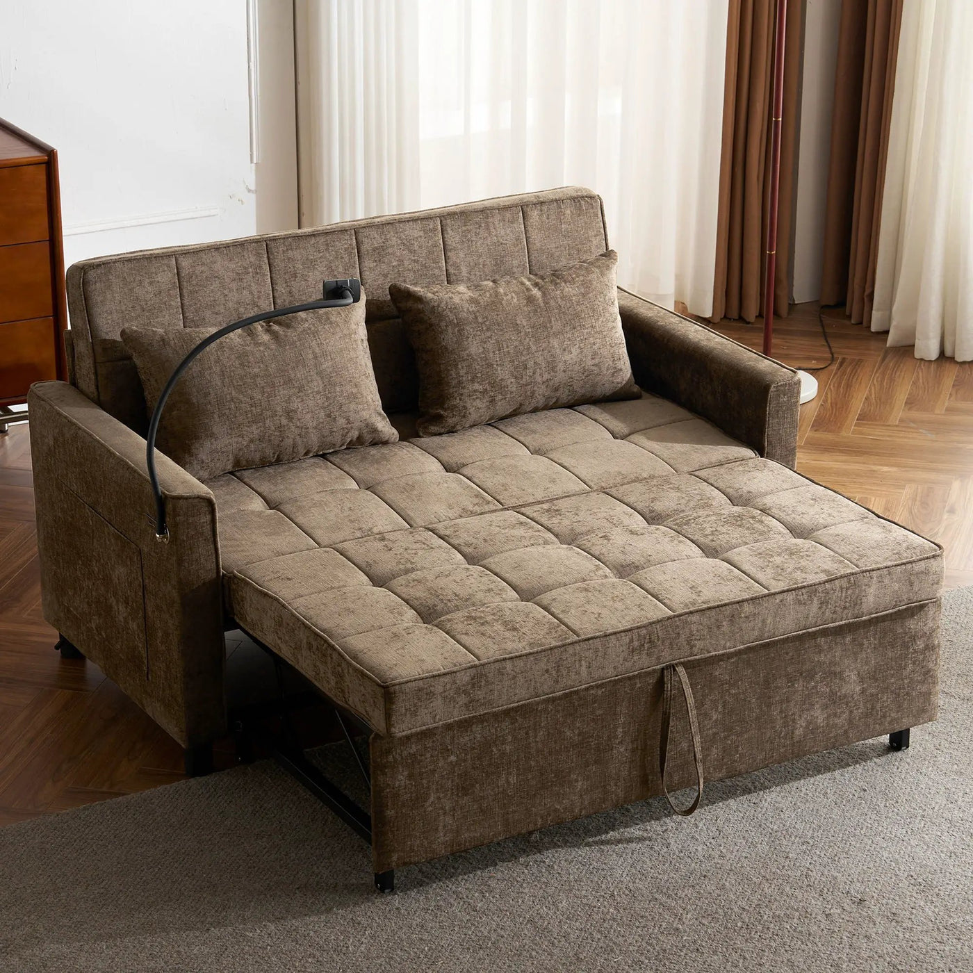Pull-Out Sleeper Sofa With Reversible Backrest Cushion, Side Pockets, 2 USB Ports And A Phone Holder For Living Room by Unique Piece Furniture