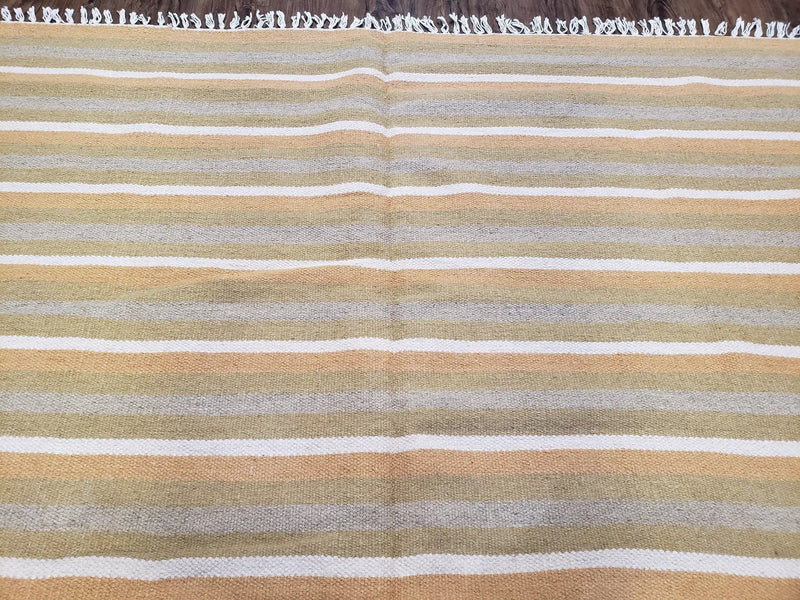 New Indian Kilim Area Rug, 6x8 - 7x8 South American Style Blanket, Striped Indian Wool Hand-Woven Flat Weave 6x9 Bedroom Rug, Ivory Ochre by Jewel Rugs