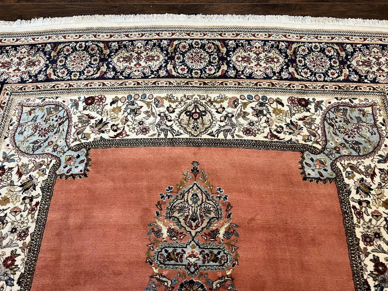 Persian Tabriz Rug 10x13, Wool Hand Knotted Vintage Carpet, Salmon Red & Ivory, Semi Open Field, Birds & Animal Motifs, Large Rug by Jewel Rugs
