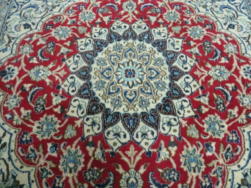 Square Persian Nain Rug 6'3" x 6' 8", Hand-Knotted, Wool with Silk Accents, Ivory Red Blue by Jewel Rugs