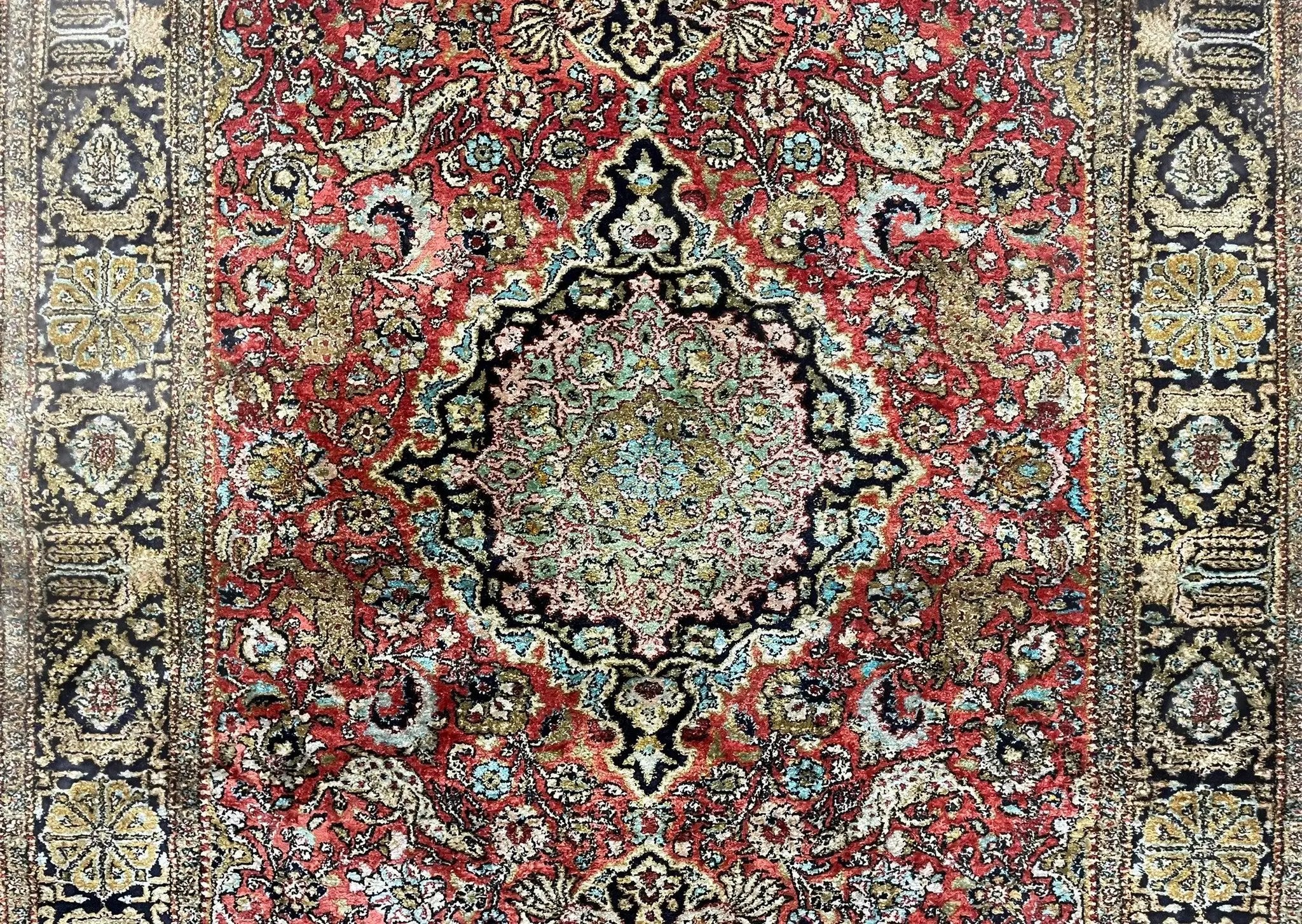 Persian Qum Silk Rug 3.8 x 5.6, Silk on Silk, Animal Pictorials, Fine 330 KPSI by Jewel Rugs