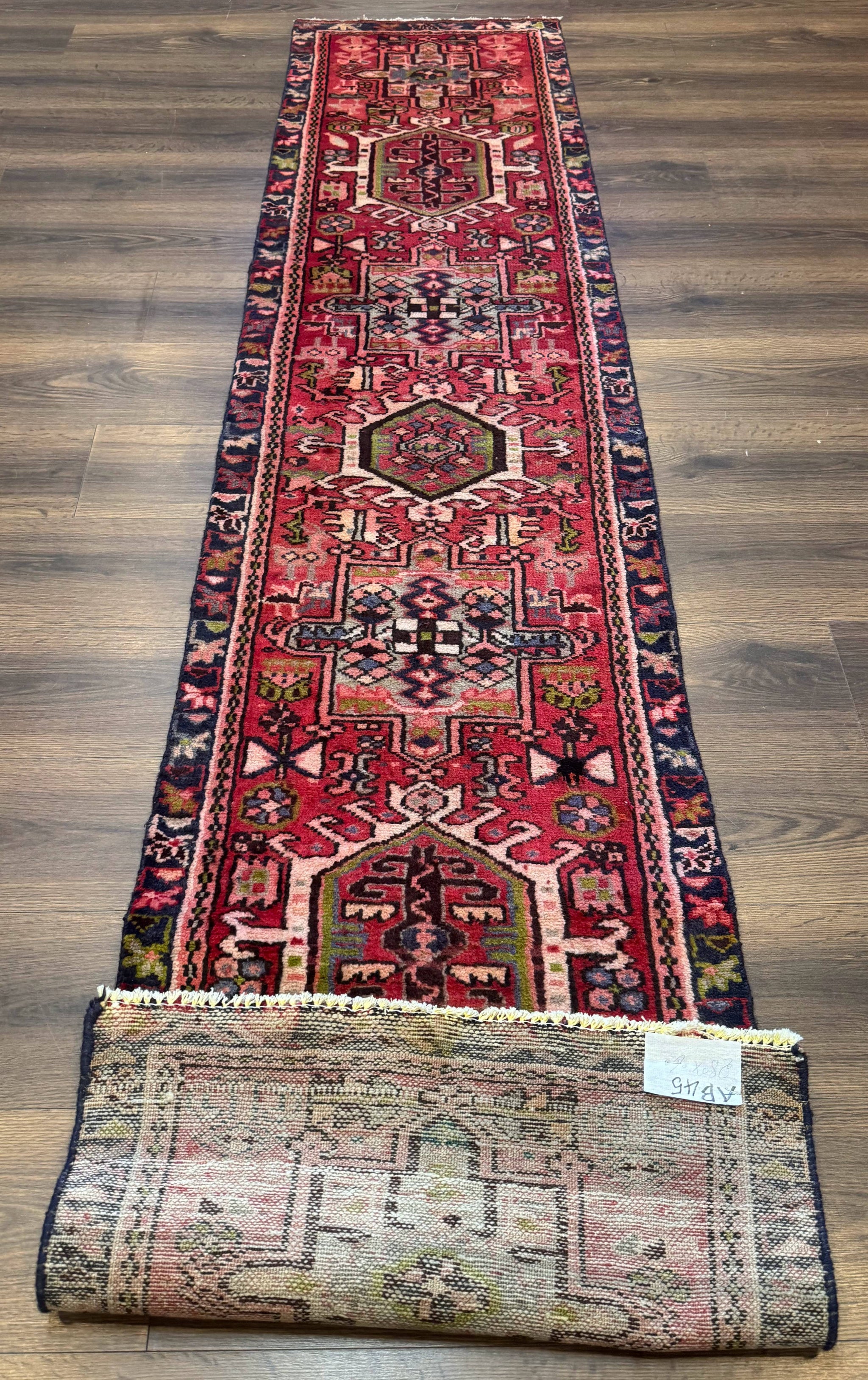 Persian Heriz Karajeh Runner Rug 2x9, Geometric Medallions, Red Navy Blue, 2 x 9 Rug for Hallway by Jewel Rugs