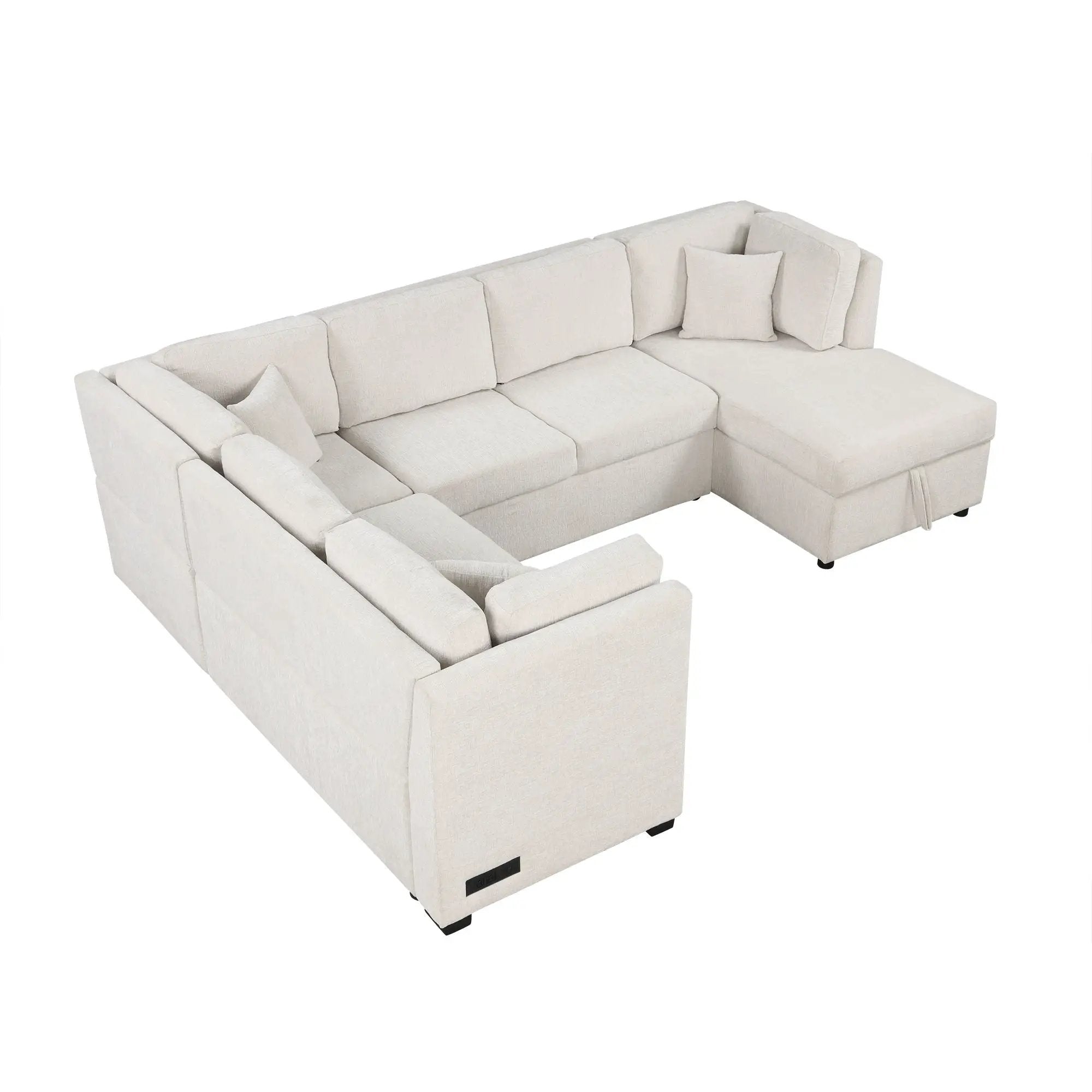 U-Shaped Sectional Sofa Pull Out Sofa Bed With Two USB Ports, Two Power Sockets, Three Back Pillows And A Storage Chaise For Living Room by HouseOfZazla