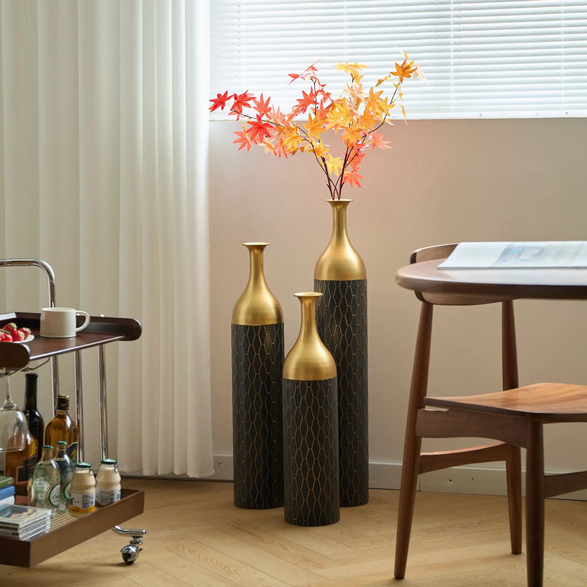 Elegant Floor Vase Set Metal Decorative Vases 3 Piece Set For Floral Display, Wedding & Gift Decor - Gold / Black by HouseOfZazla