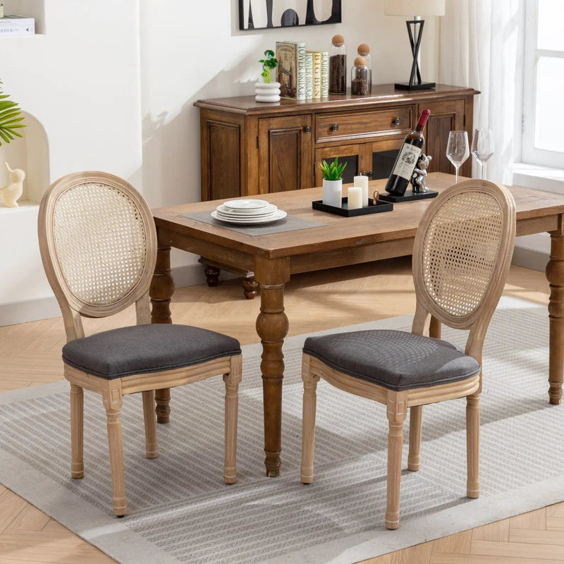 French Style Solid Wood Frame Antique Painting Fabric Rattan Back Dining Chair (Set of 2) by Unique Piece Furniture