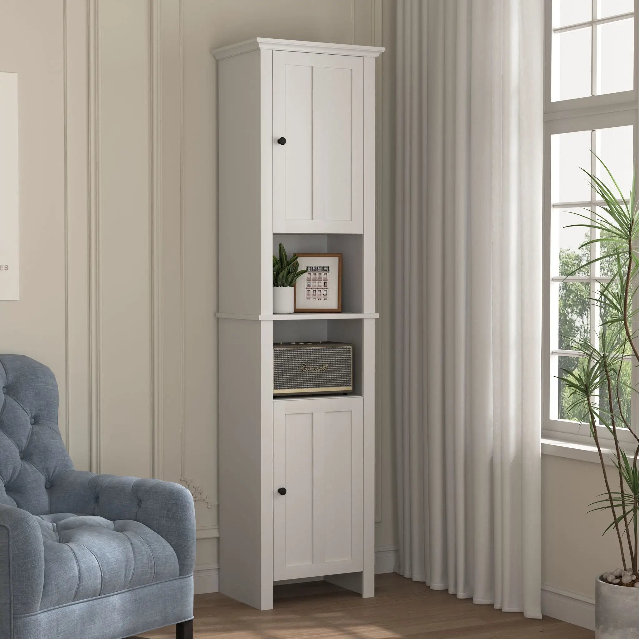 Wooden Bathroom Floor Storage Cabinet With 2 Doors And 6 Shelves - White by HouseOfZazla