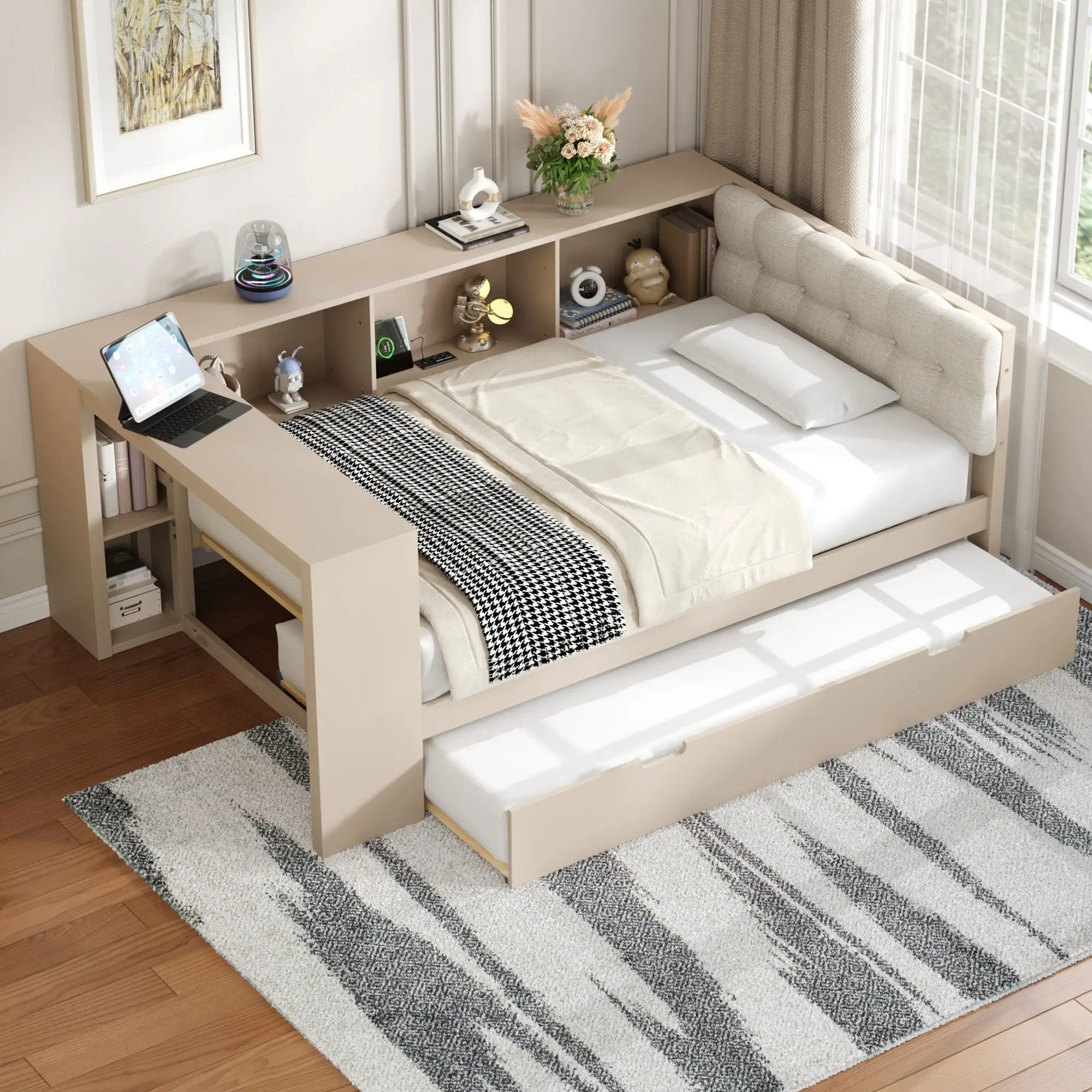 Upholstered Headboard Platform Bed with Storage Shelves, Trundle, and Charging Station by HouseOfZazla