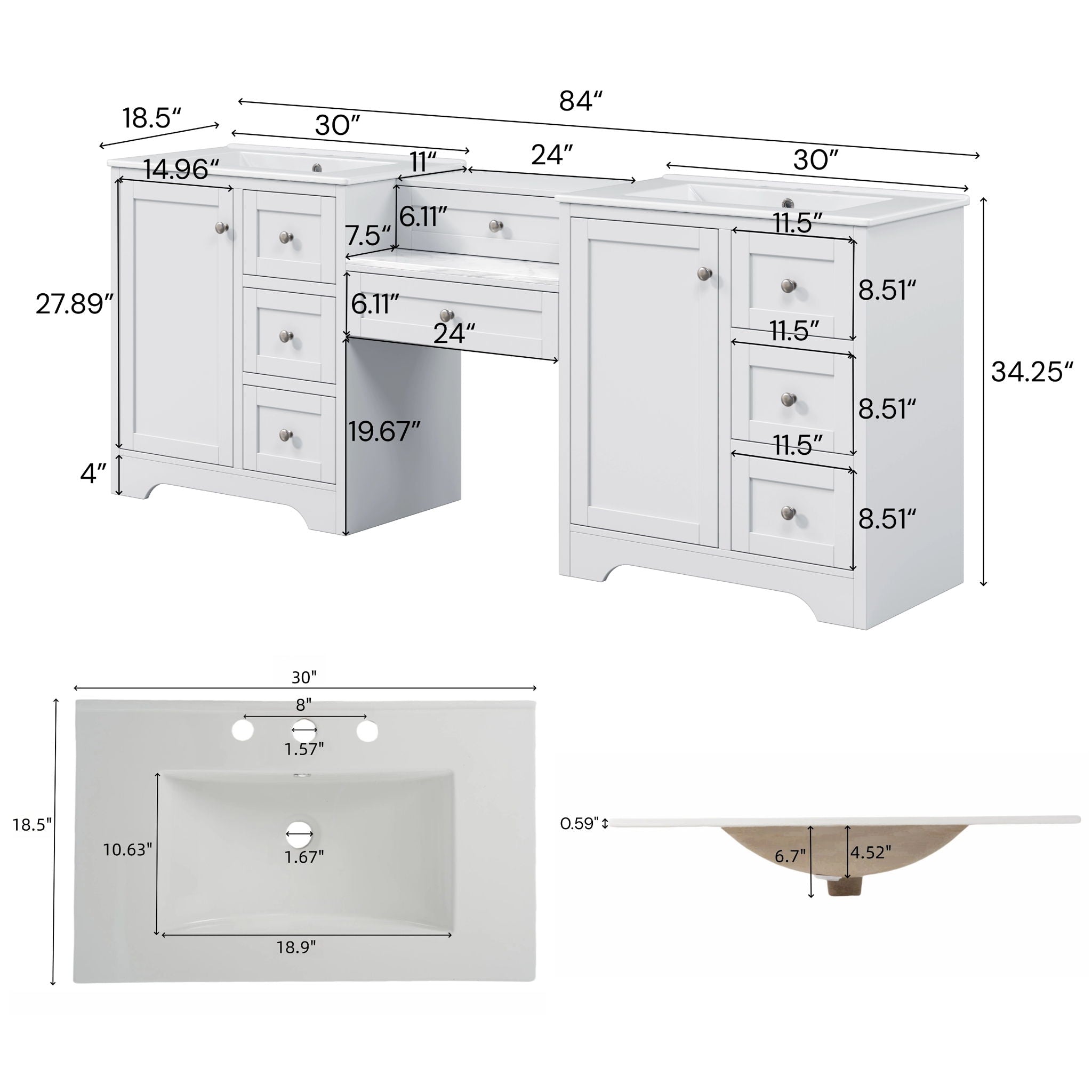Double Sink Bathroom Vanity With Countertop, 2 Ceramic Sinks, 6 Drawers by HouseOfZazla