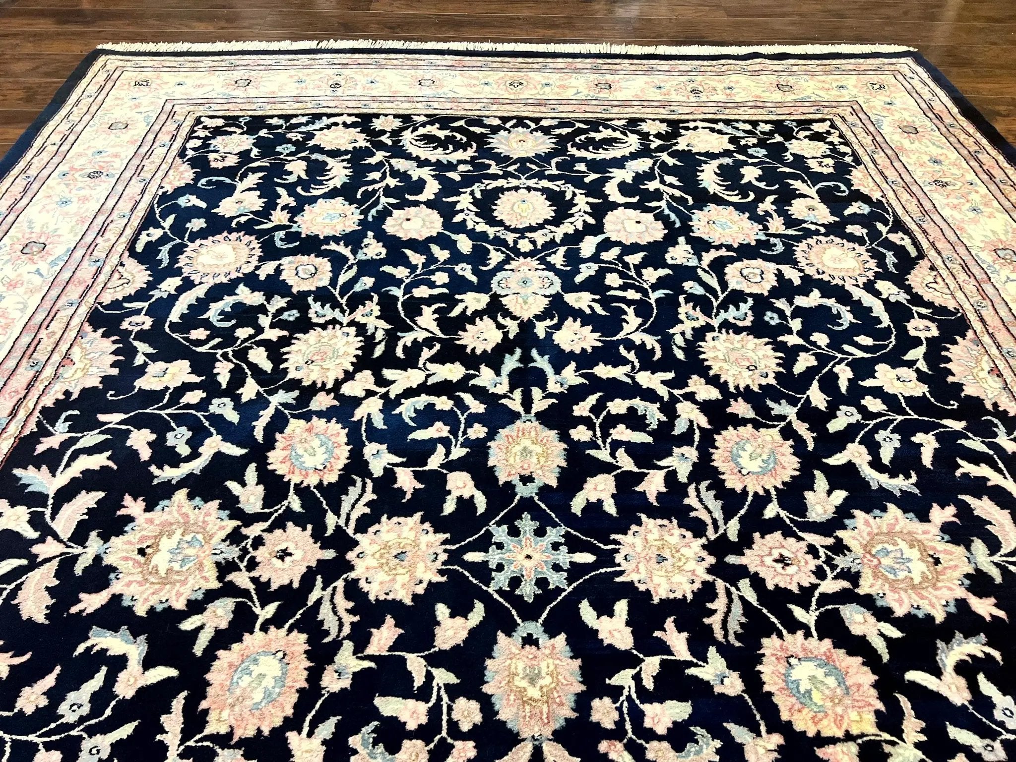 Indo Persian Rug 9x12, Navy Blue and Ivory/Cream, Floral Allover, Wool Vintage Handmade Carpet by Jewel Rugs