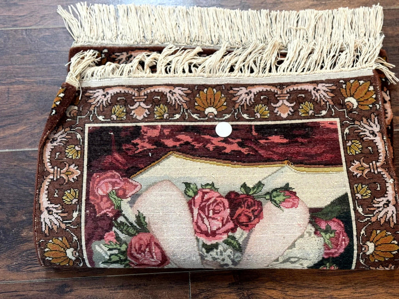 Small Persian Tabriz Pictorial Rug of Young Girl, Very Fine 380 KPSI, Portrait of Young Lady with Roses, Handmade, Persian Rug for Wall Hanging by Jewel Rugs
