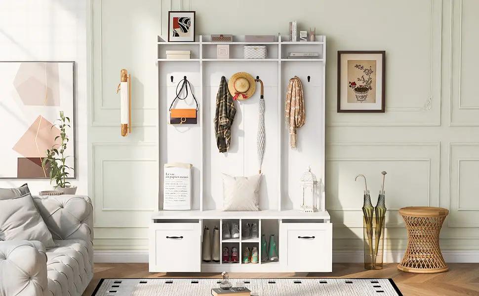5 In 1 Entryway Bench With Coat Rack, 7 Sturdy Hooks, 2 Spacious Drawers And Adjustable Shelves by HouseOfZazla