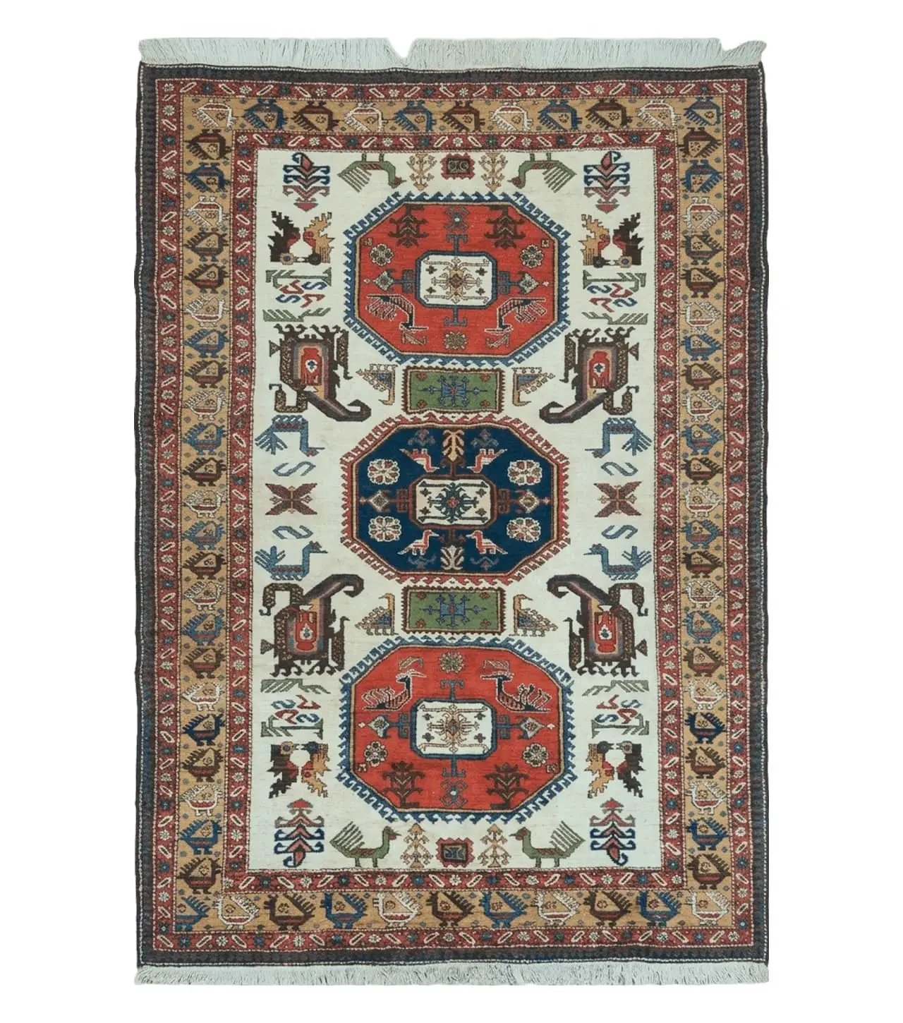 7' X 10' Vintage Handmade Knotted Turkish Wool Rug Birds Animal Ivory Organic by Jewel Rugs