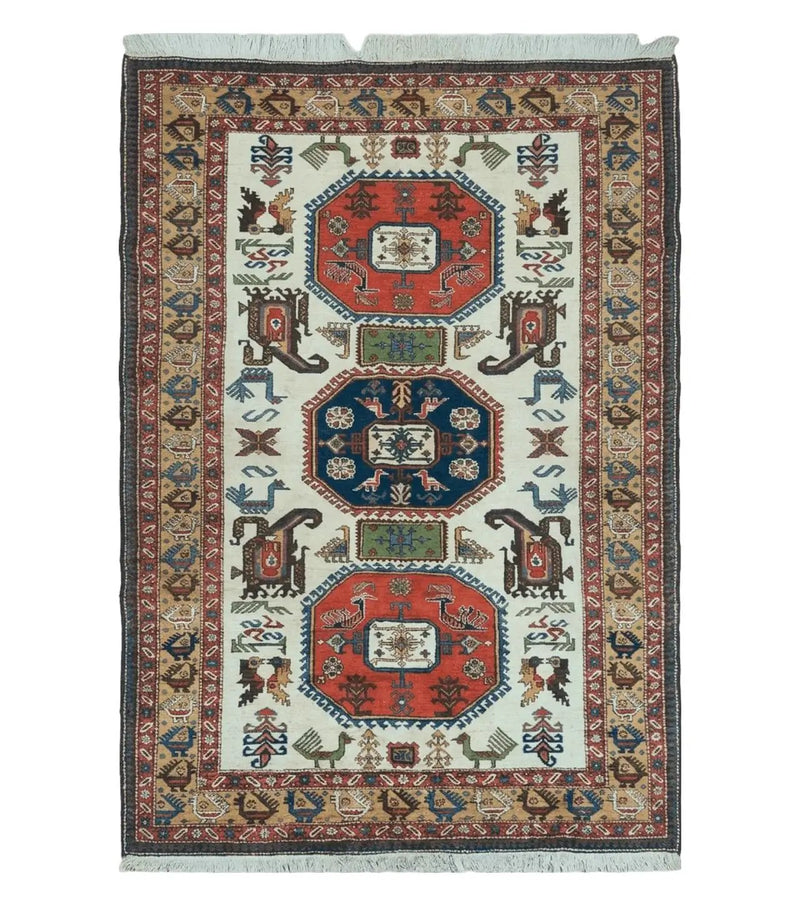 7' X 10' Vintage Handmade Knotted Turkish Wool Rug Birds Animal Ivory Organic by Jewel Rugs