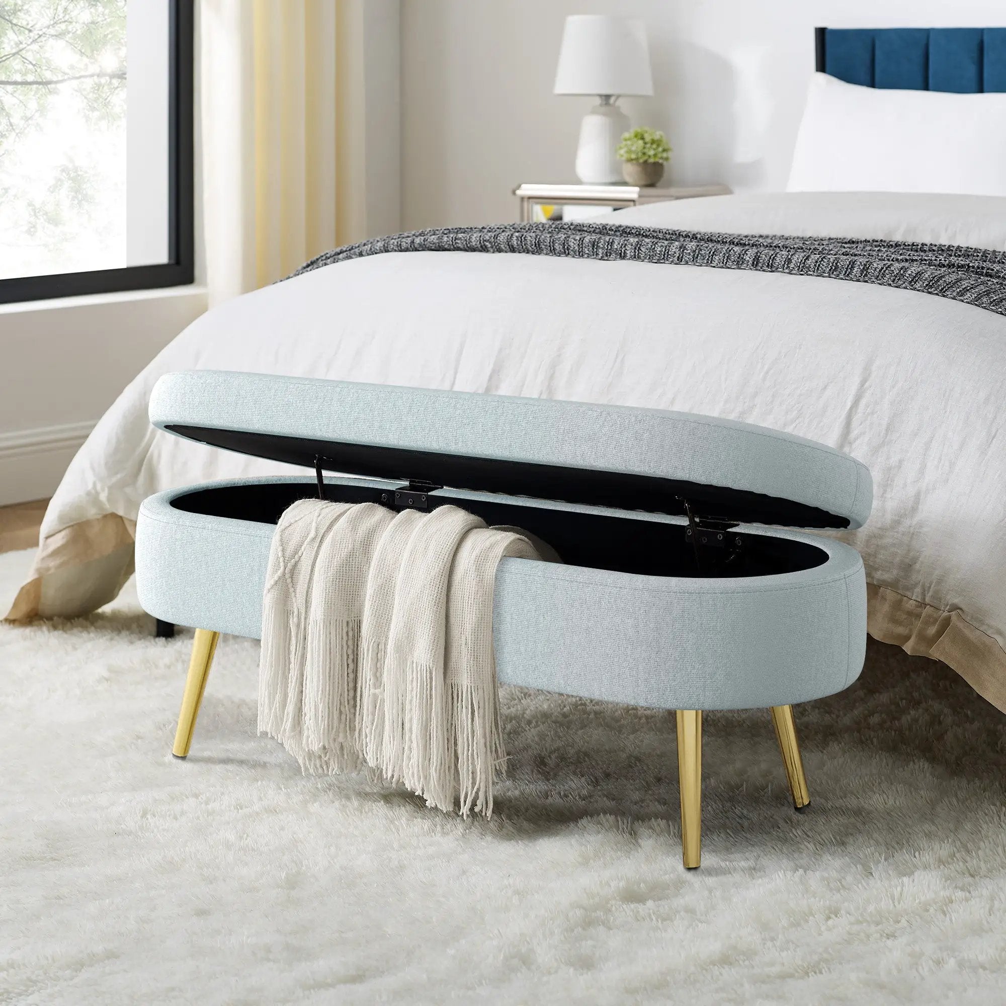 Ottoman Oval Storage Bench, Flannel with Metal Legs-Cyan by HouseOfZazla