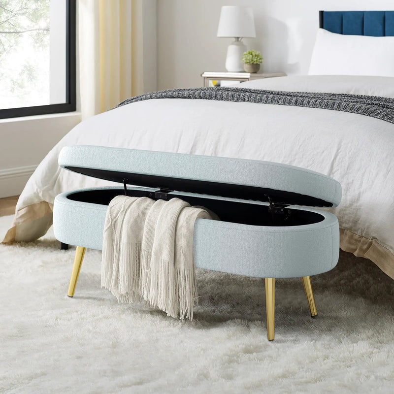 Ottoman Oval Storage Bench, Flannel with Metal Legs-Cyan by HouseOfZazla