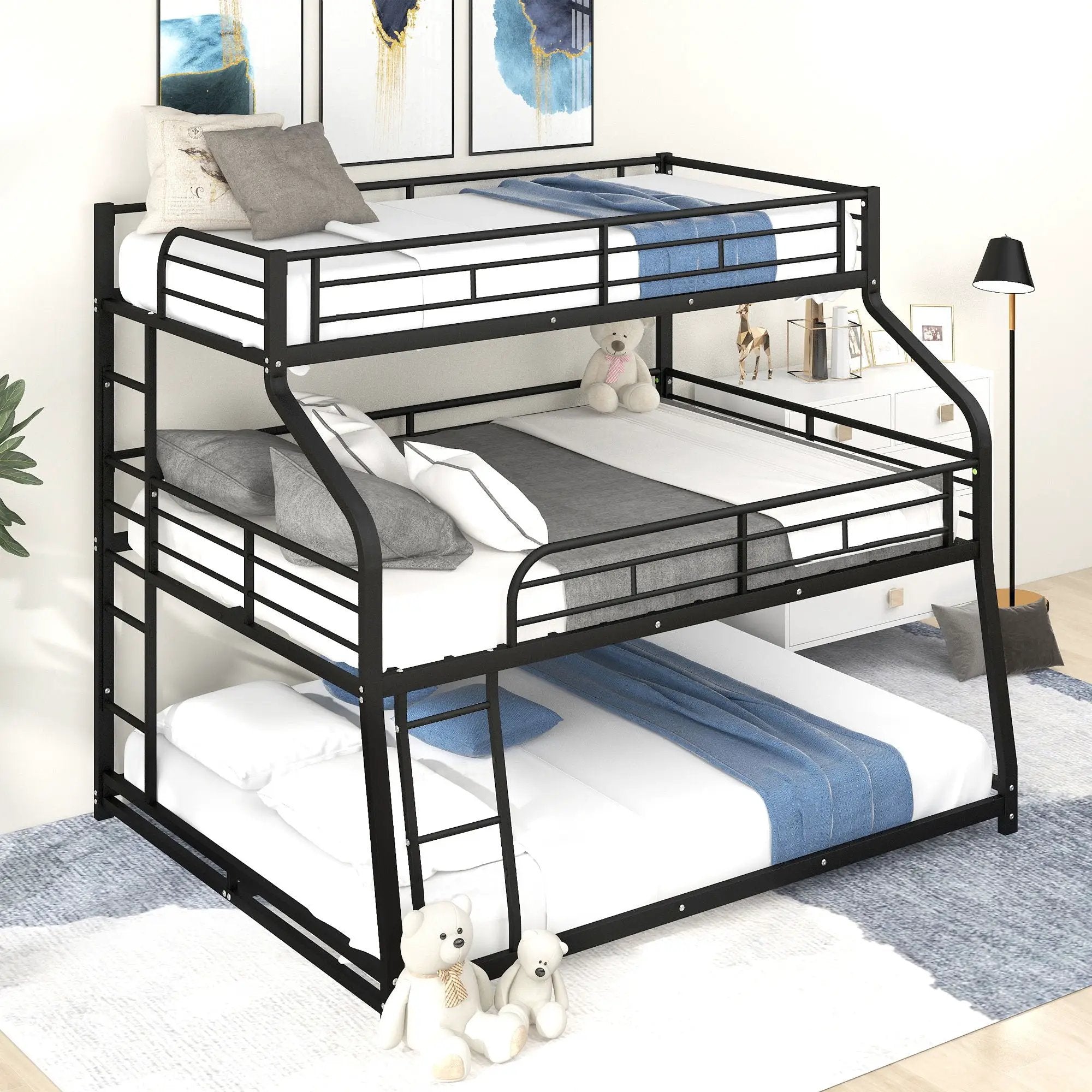Twin Long / Full Long / Queen Triple Bunk Bed With Long And Short Ladder And Full-Length Guardrails - Black by HouseOfZazla