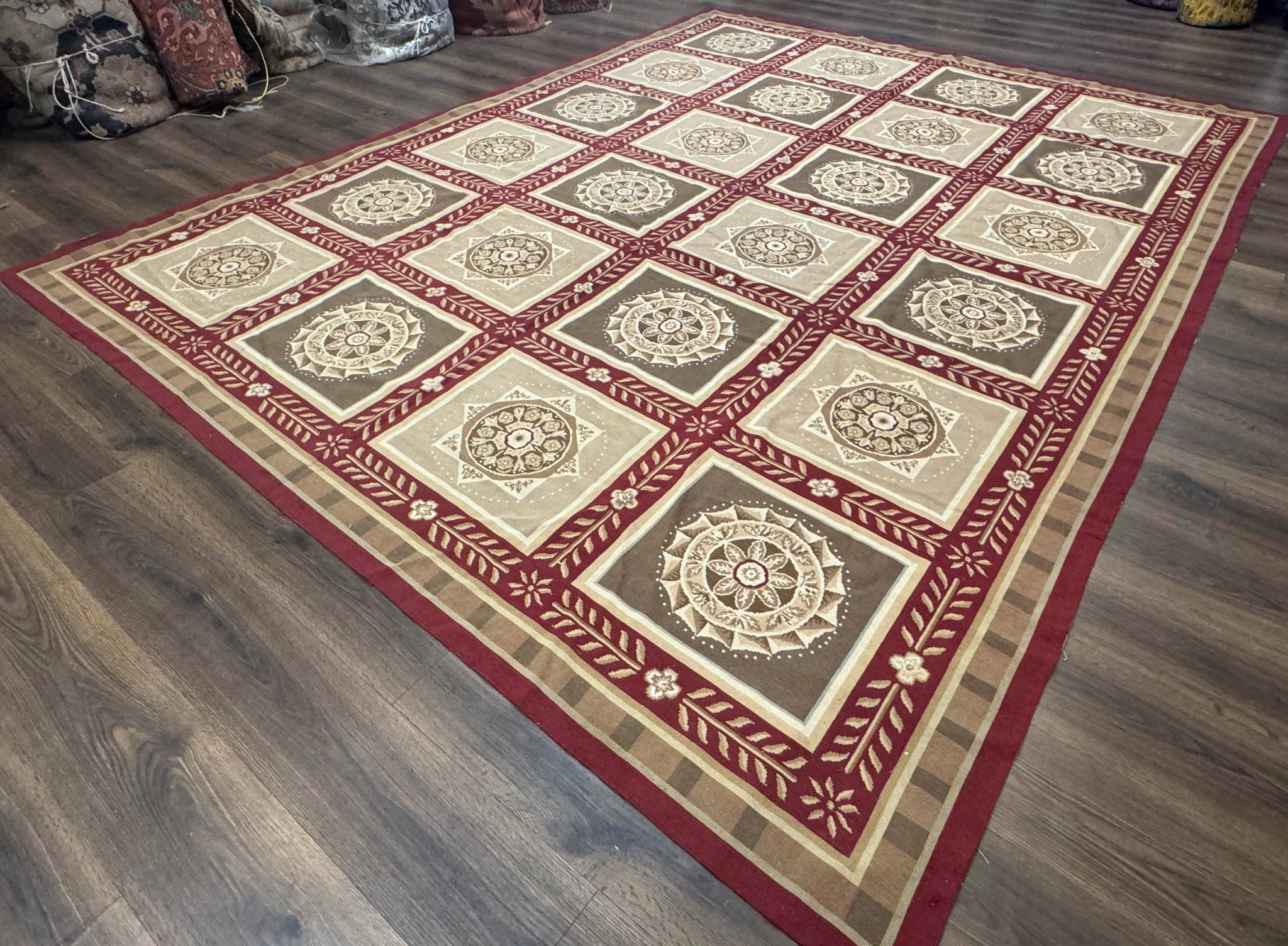 Needlepoint Rug 9x12, Panel Design, Burgundy Taupe, Elegant by Jewel Rugs