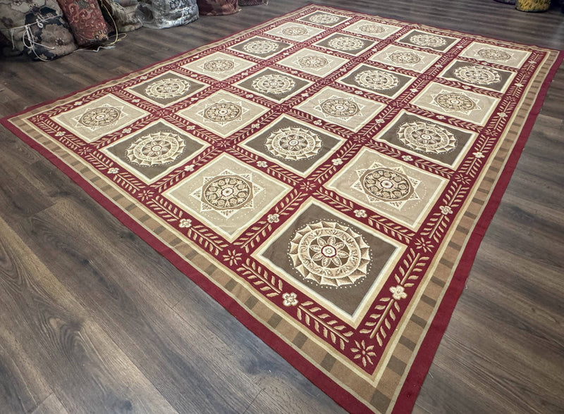 Needlepoint Rug 9x12, Panel Design, Burgundy Taupe, Elegant by Jewel Rugs