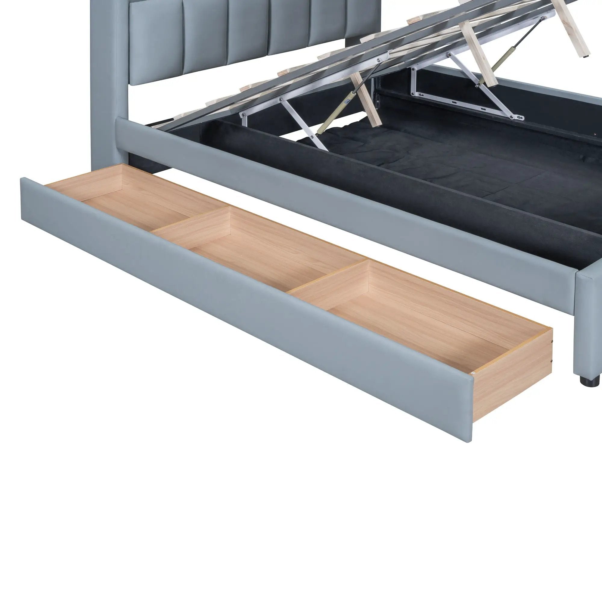 Upholstered Mother & Child Bed With Hydraulic Storage System, Drawer Box, Bedhead Storage Shelf And 2 Pairs Of Sockets & USB Ports by HouseOfZazla