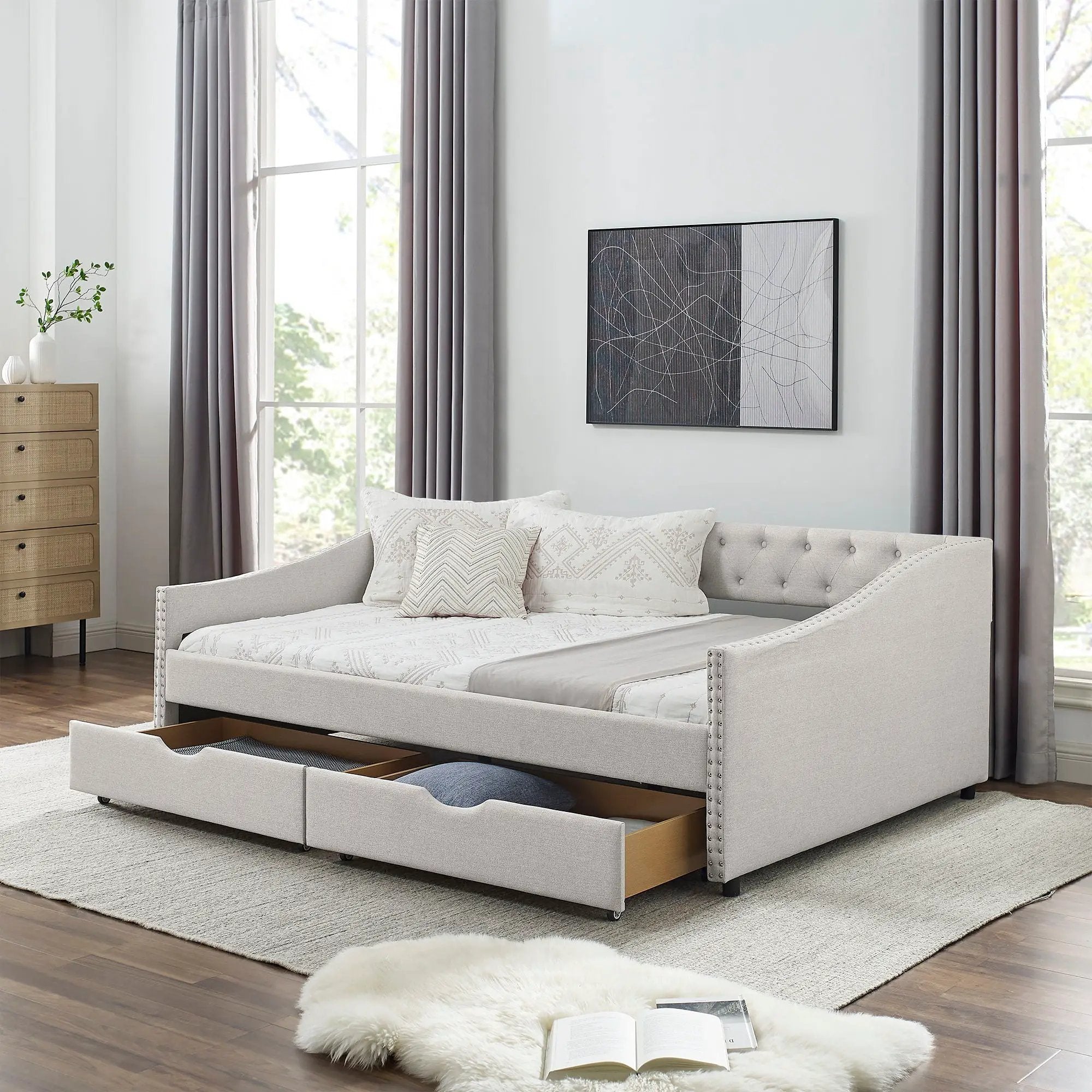 Upholstered Tufted Daybed With Drawers, Waved Arms by Unique Piece Furniture